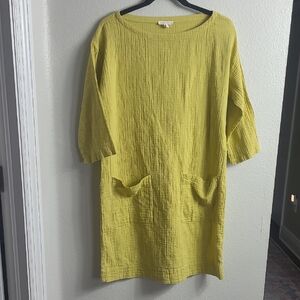 EILEEN FISHER Dress Petite Organic Cotton Crinkle Gauze 3/4 Sleeve Yellow S